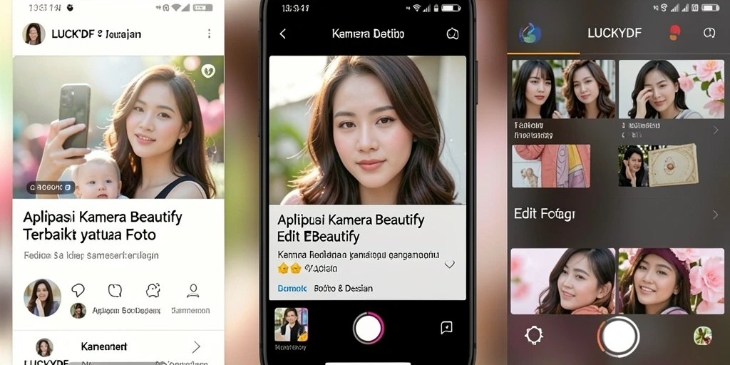 Tampilan antarmuka utama aplikasi LUCKYDF dengan berbagai fitur Kamera Beautify.