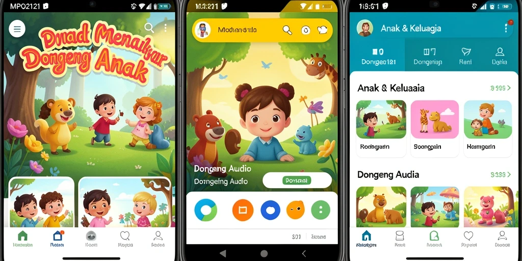 Antarmuka aplikasi MPO2121 dengan koleksi dongeng audio.