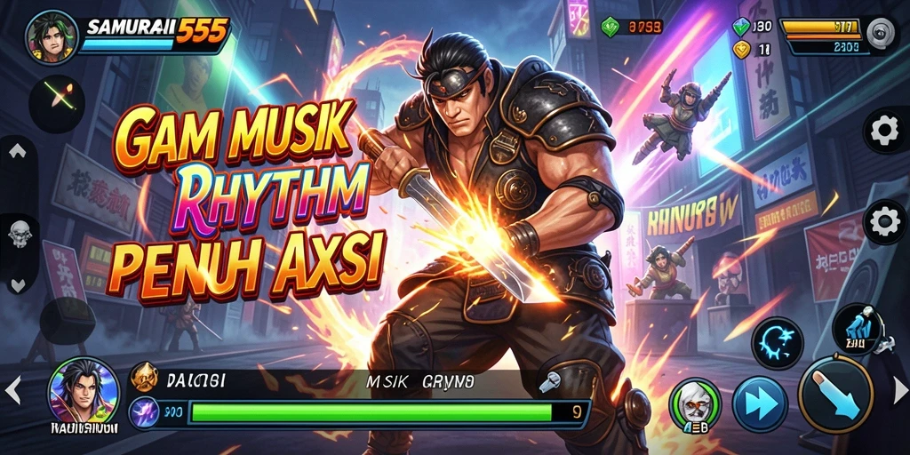 Antarmuka permainan SAMURAI555 yang menarik dengan elemen Musik Rhythm.