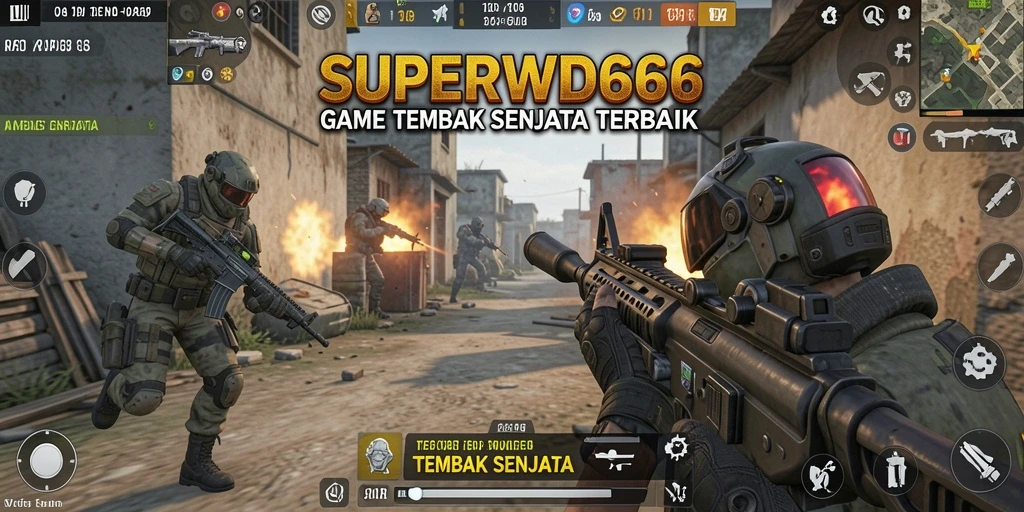 Tampilan antarmuka <strong>SUPERWD666</strong> dengan senjata dan aksi tembak-menembak.